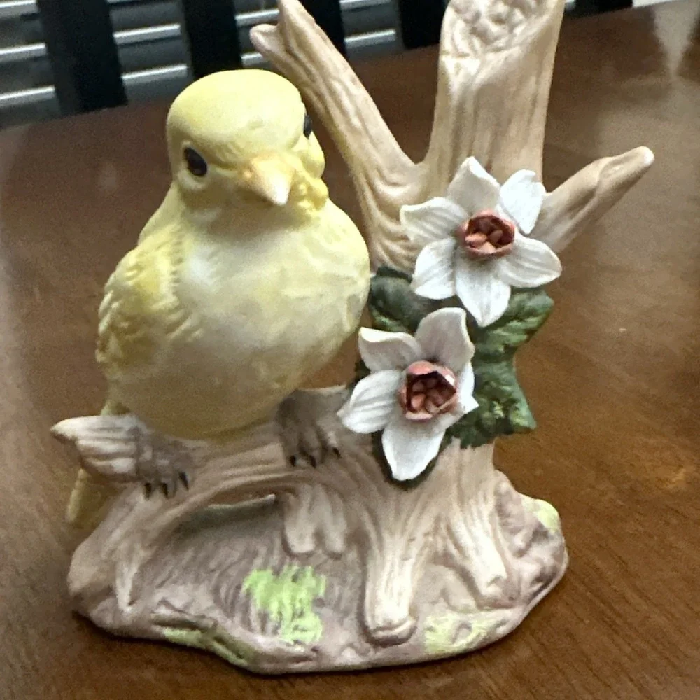 Yellow Bird Canary‎ Finch On Branch W/ Flower Bisque Porcelain Figurine 1980s